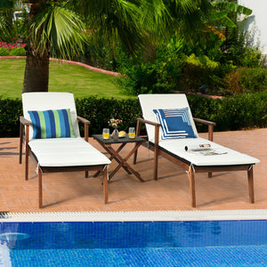 3 Pieces Portable Patio Cushioned Rattan Lounge Chair Set with Folding Table-Turquoise