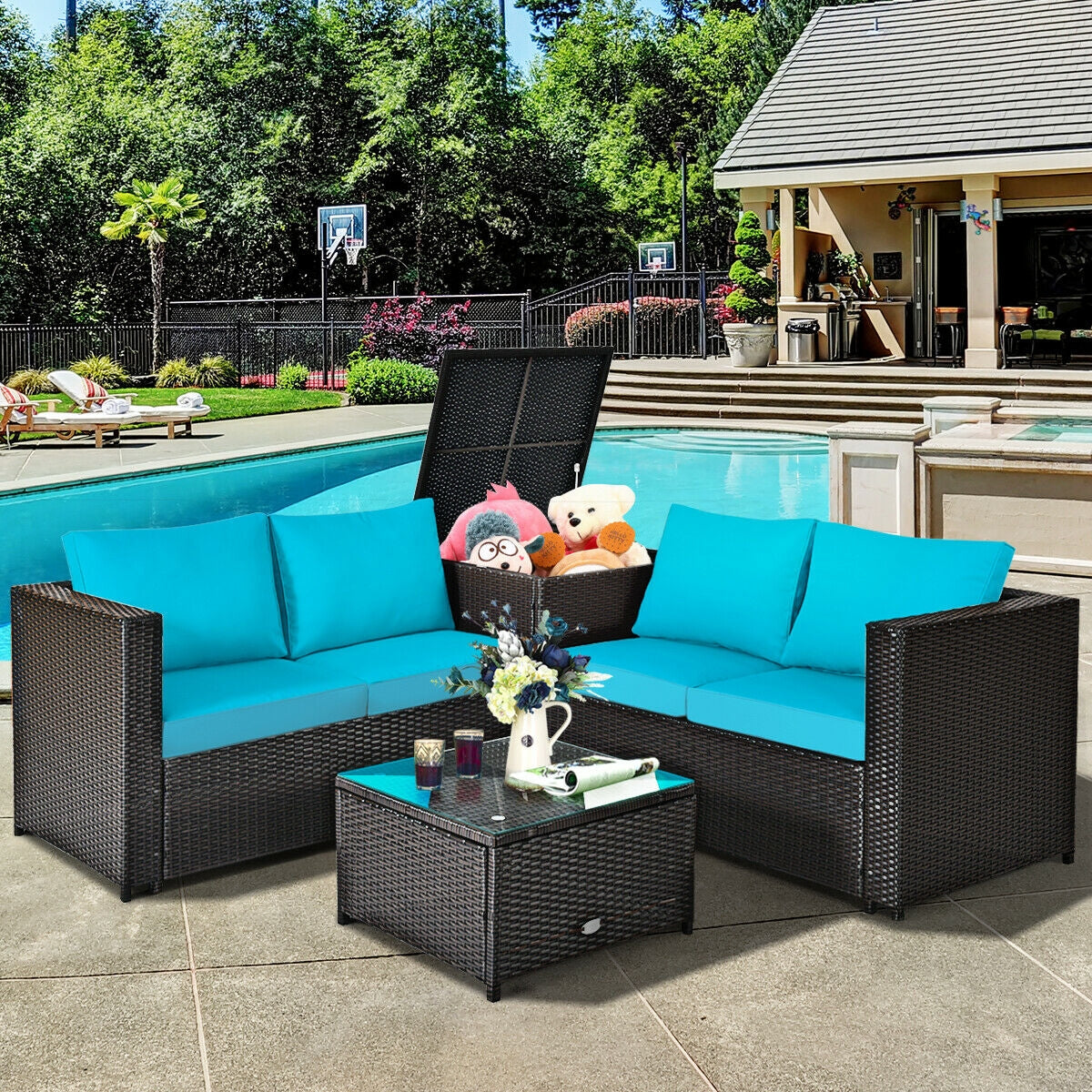 4 Pieces Outdoor Patio Rattan Furniture Set with Cushioned Loveseat and Storage Box-Brown