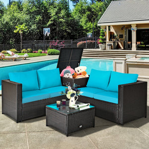 4 Pieces Outdoor Patio Rattan Furniture Set with Cushioned Loveseat and Storage Box-Brown
