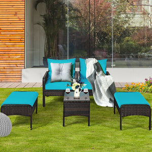 5 Pieces Patio Rattan Sofa Ottoman Furniture Set with Cushions-Red