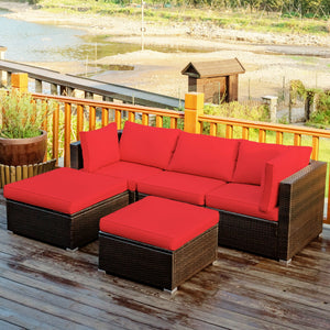 5 Pieces Patio Rattan Sectional Conversation Ottoman Furniture Set-Blue