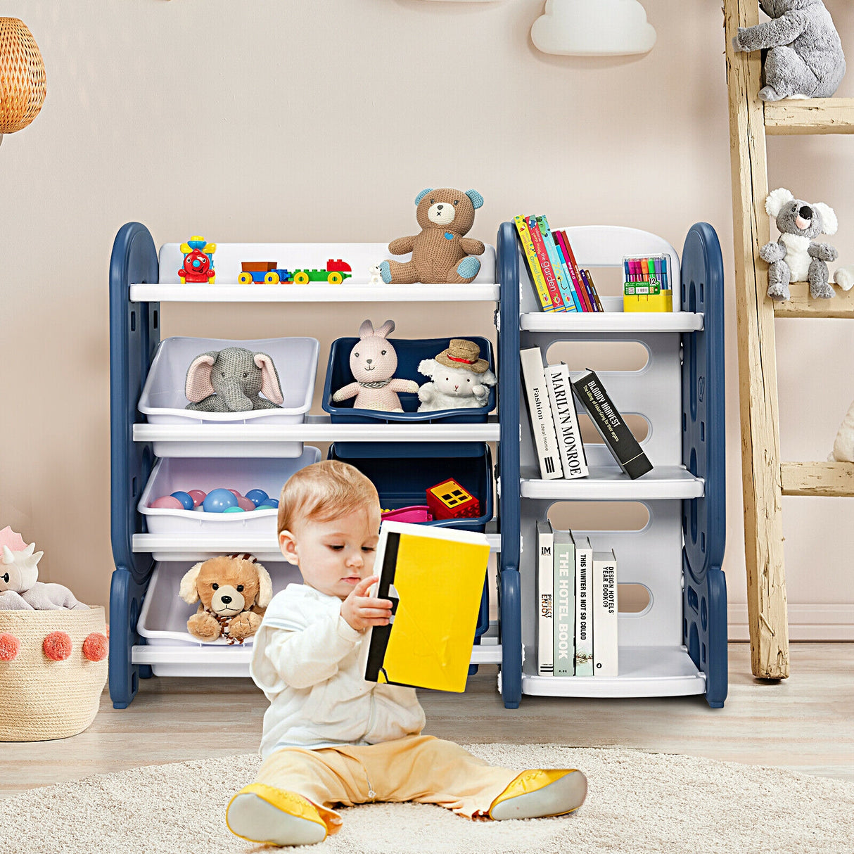 Kids Toy Storage Organizer with Bins and Multi-Layer Shelf for Bedroom Playroom -Blue