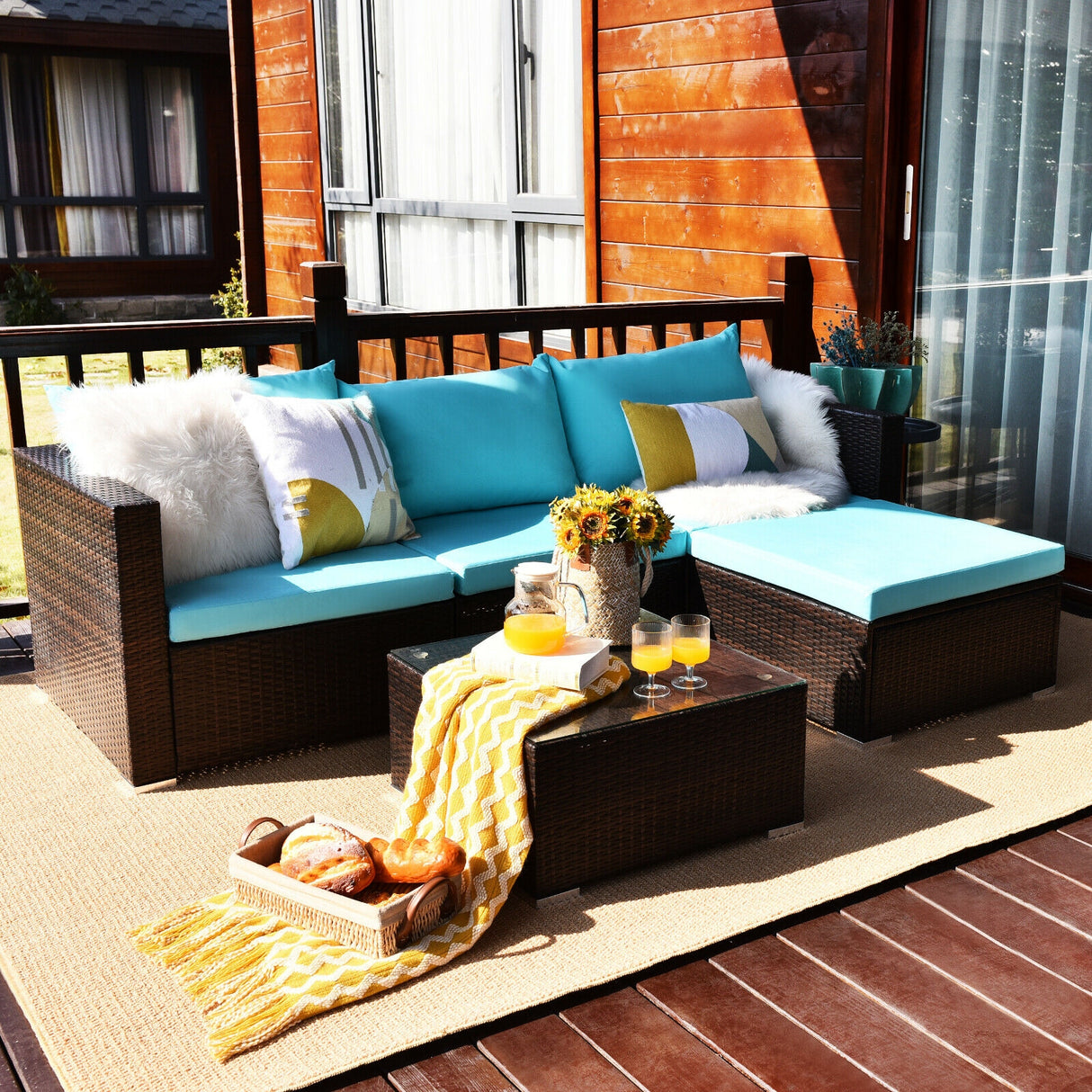 5 Pieces Patio Rattan Sectional Furniture Set with Cushions and Coffee Table -Navy