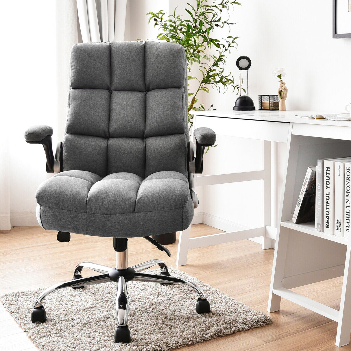 Adjustable Swivel Office Chair with High Back and Flip-up Arm for Home and Office-Beige