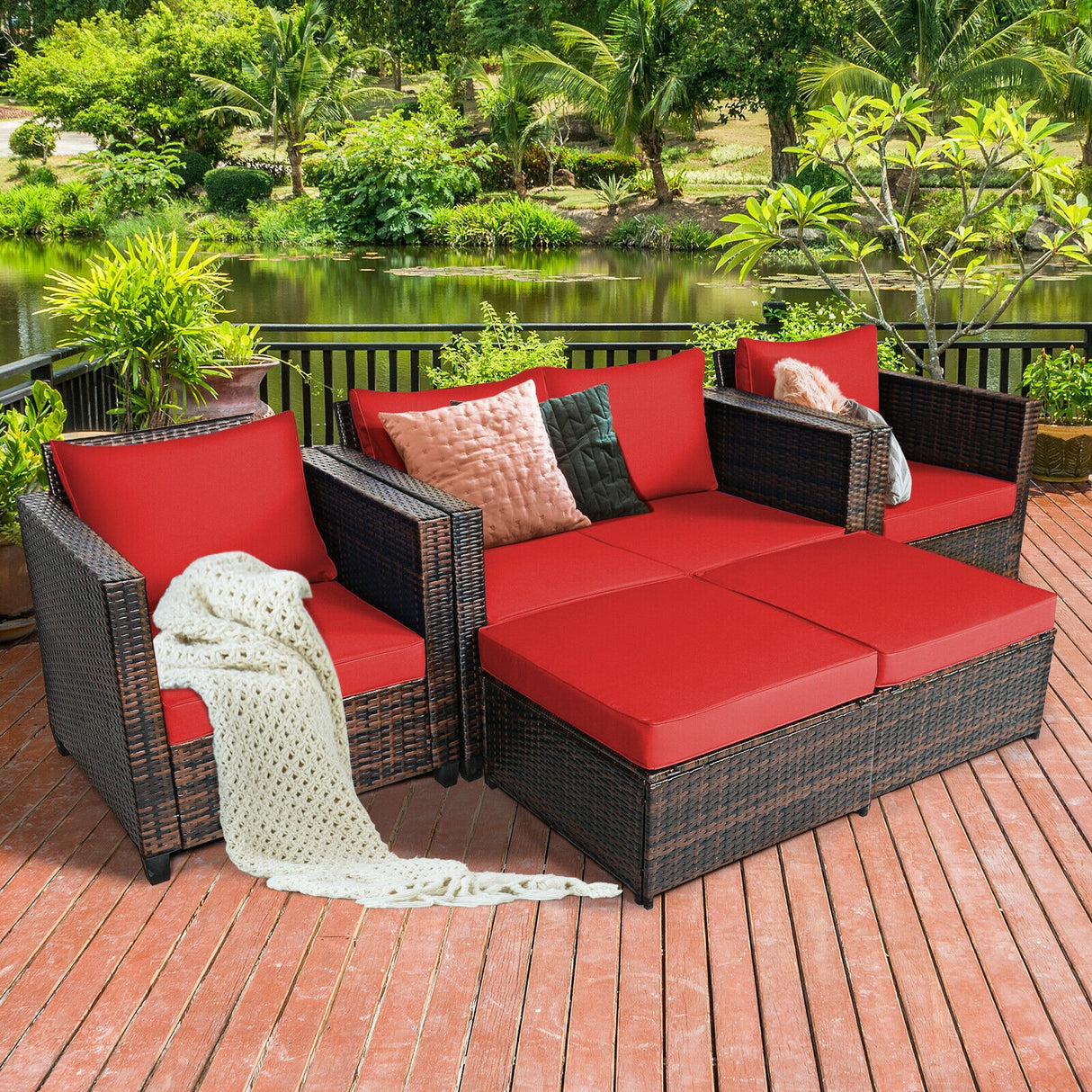 5 Pieces Patio Cushioned Rattan Furniture Set-White