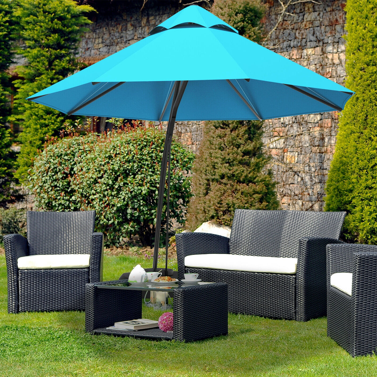 11 Feet Outdoor Cantilever Hanging Umbrella with Base and Wheels-Tan