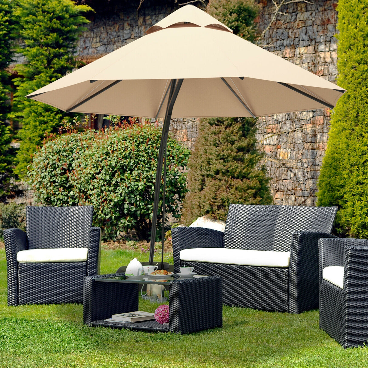 11 Feet Outdoor Cantilever Hanging Umbrella with Base and Wheels-Tan