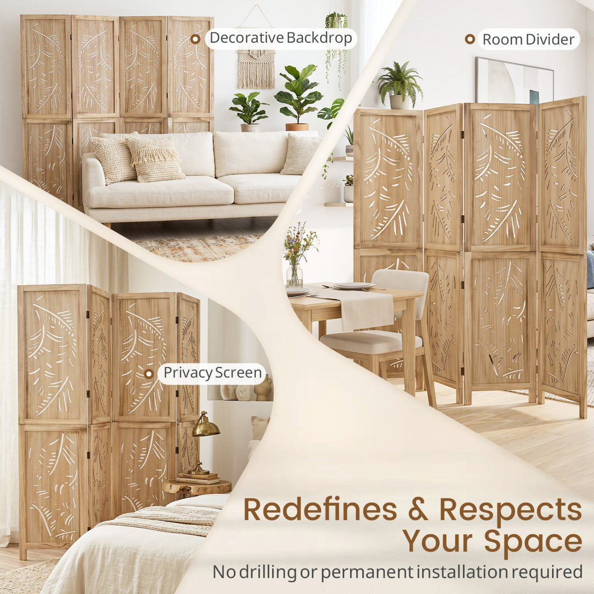 4-Panel Wooden Room Divider with Palm Leaf Design & Paulownia Frame for Home