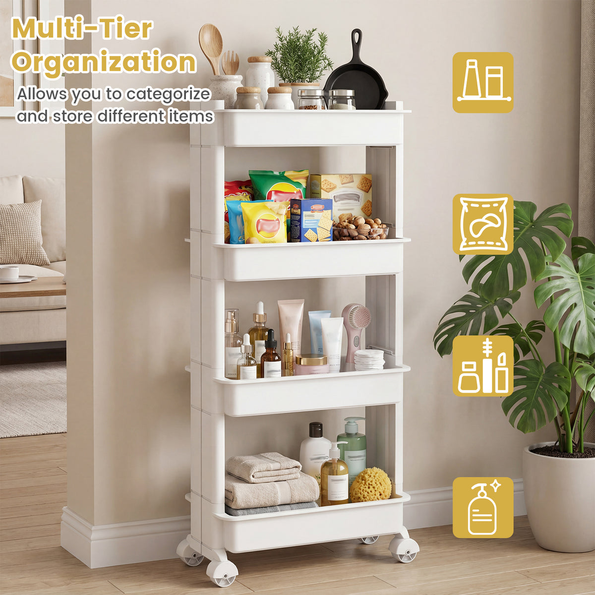 3/4-Tier Rolling Utility Cart with Detachable Trays and Smooth Wheels-4-Tier