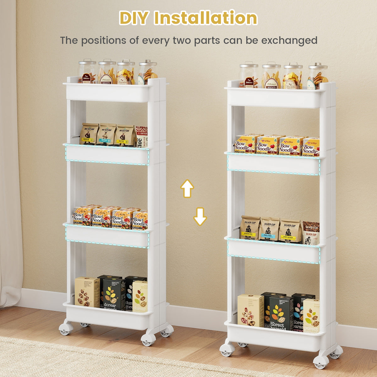 3/4-Tier Rolling Utility Cart with Detachable Trays and Smooth Wheels-4-Tier