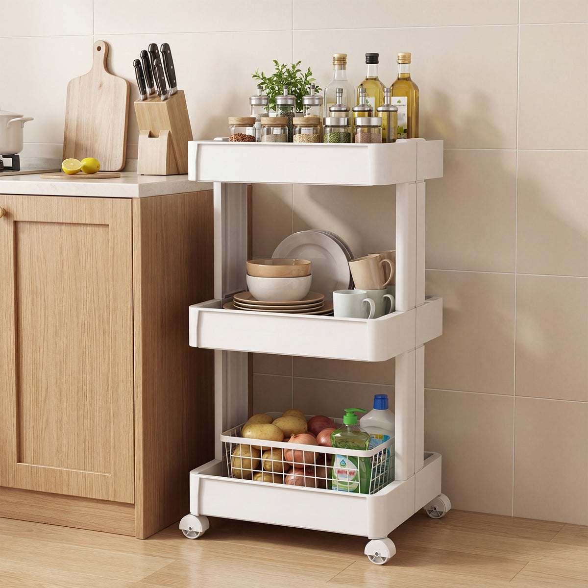 3/4-Tier Rolling Utility Cart with Detachable Trays and Smooth Wheels-3-Tier