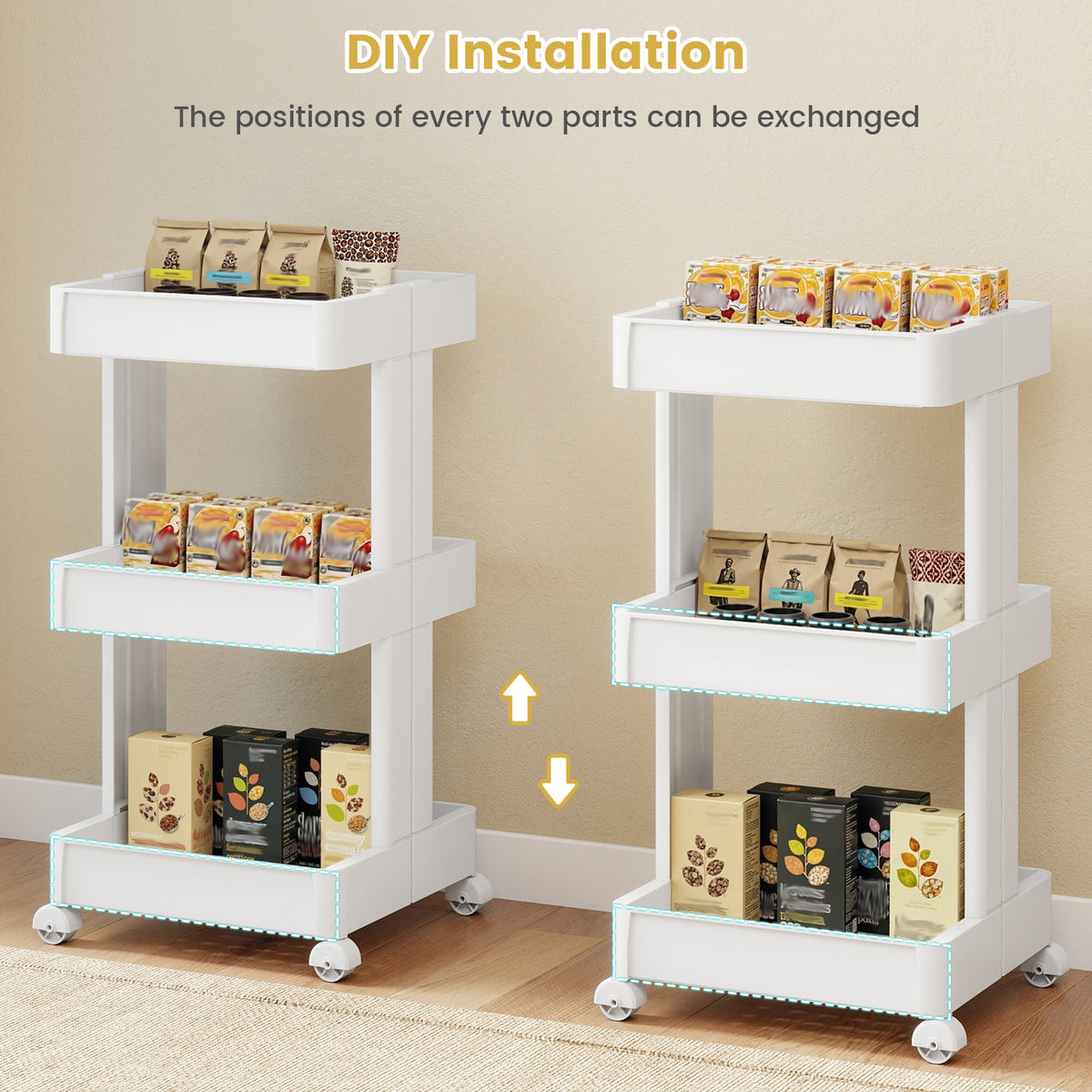 3/4-Tier Rolling Utility Cart with Detachable Trays and Smooth Wheels-3-Tier