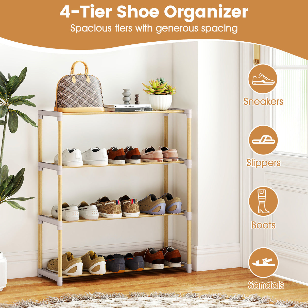 3/4-Tier Solid Wood Shoe Rack with Slatted Open Shelves-4-Tier