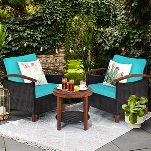 3 Pieces Patio Rattan Furniture Set with Washable Cushion and Acacia Wood Tabletop-Blue
