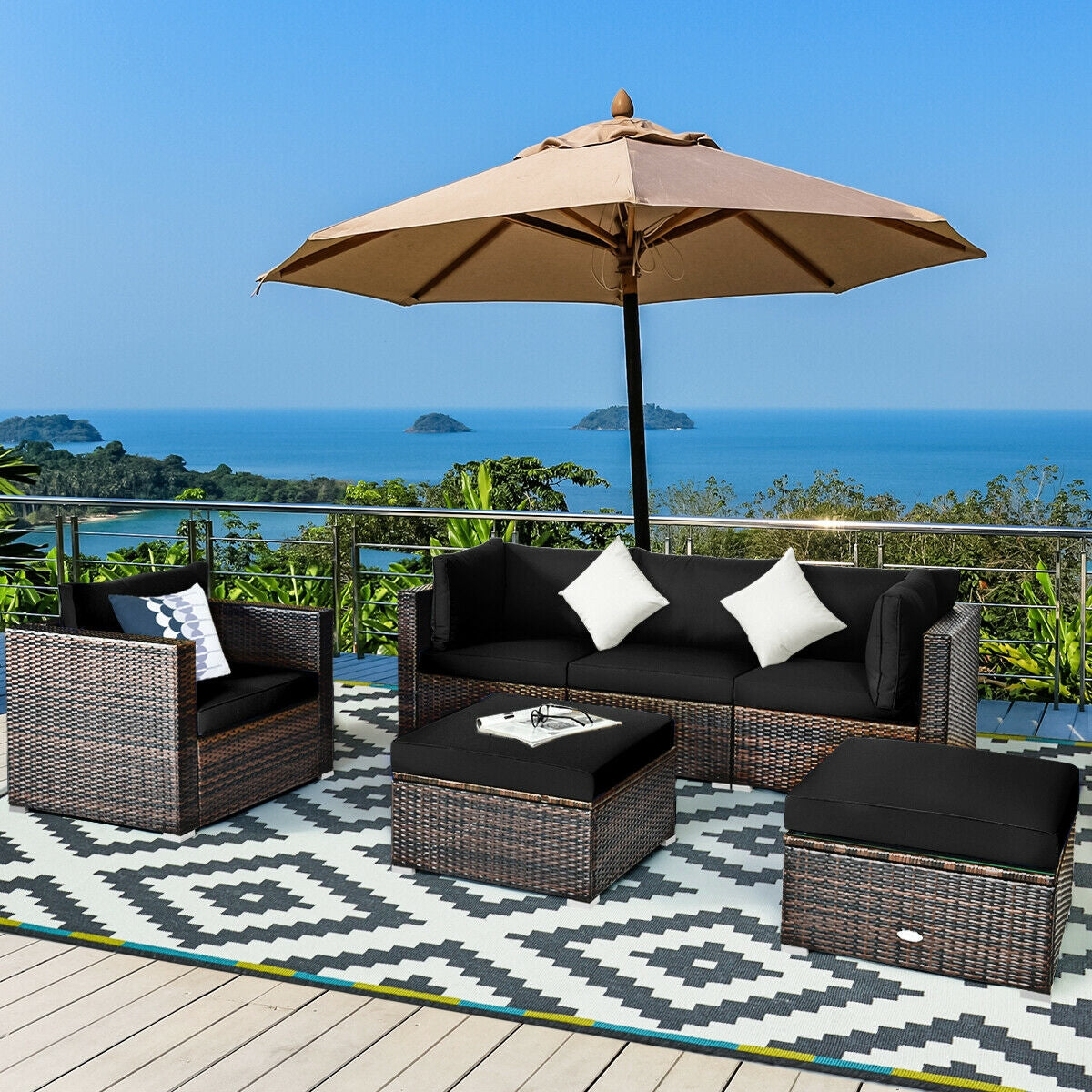 6 Pcs Patio Rattan Furniture Set with Sectional Cushion-Blue