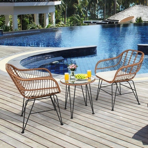 3 Pieces Patio Rattan Bistro Set with Cushion-White