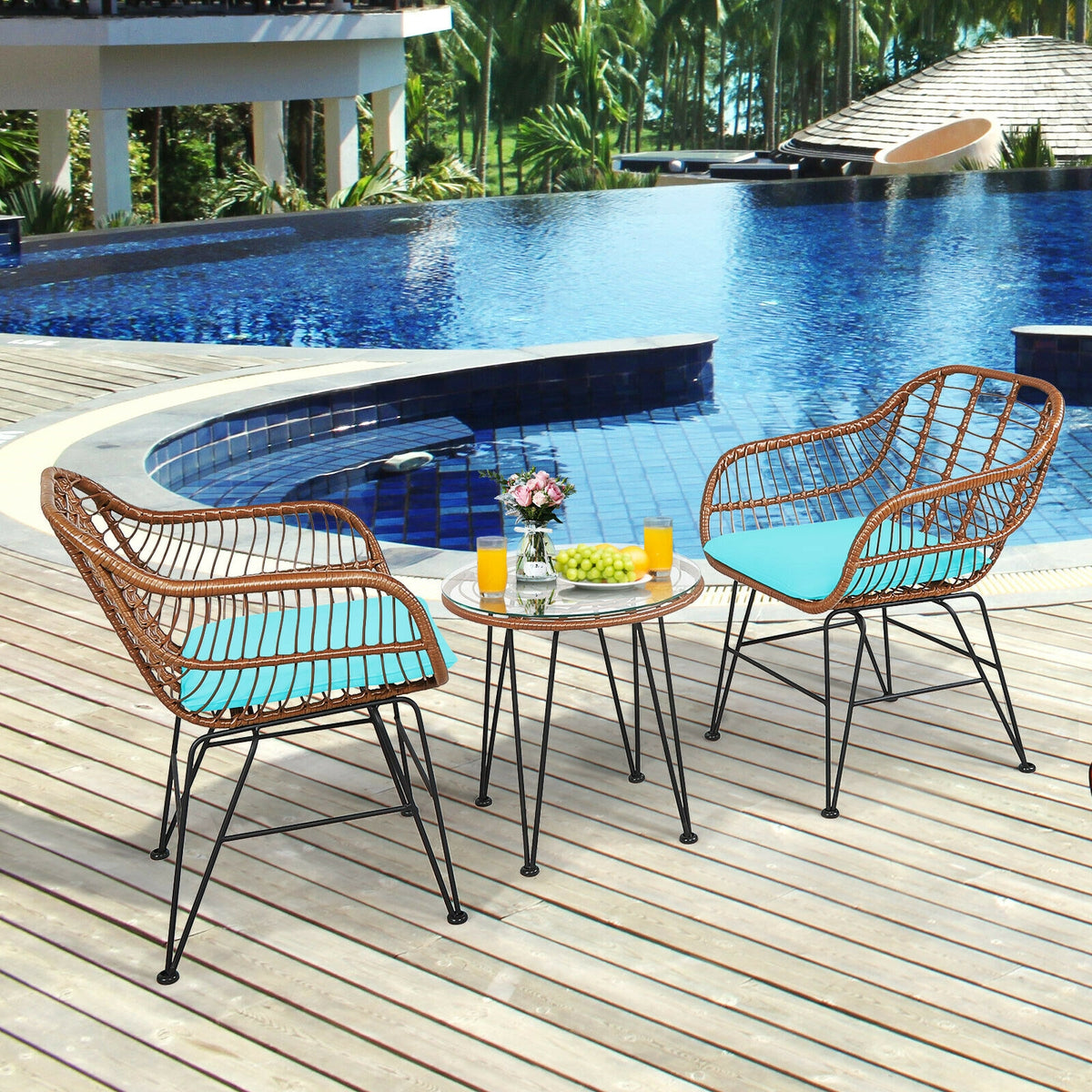 3 Pieces Patio Rattan Bistro Set with Cushion-Turquoise