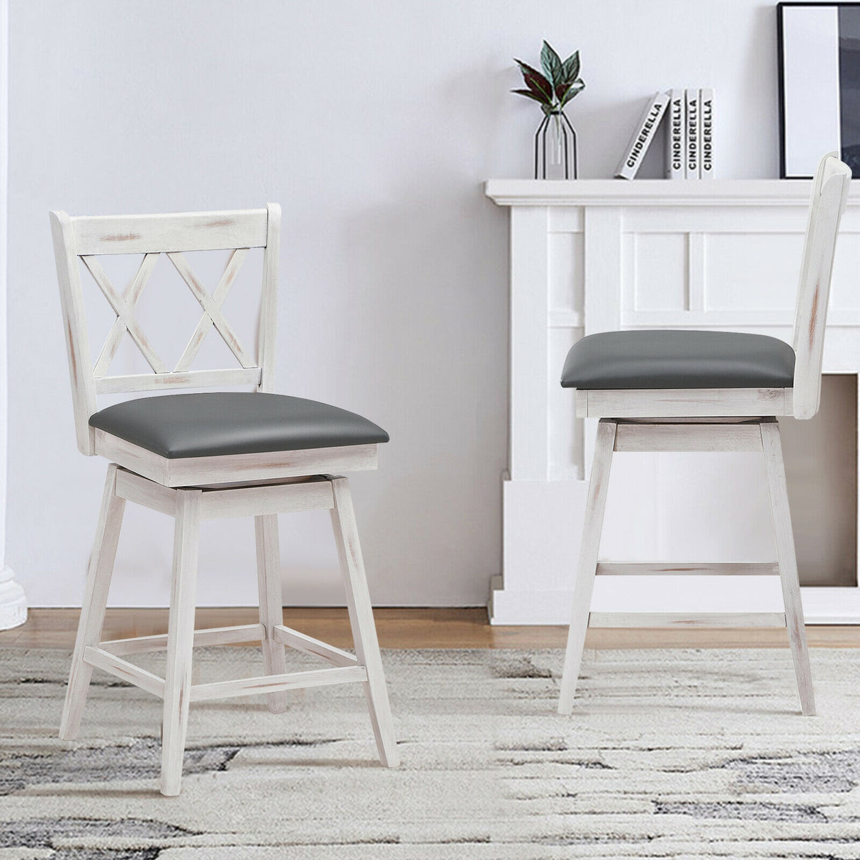 2 Pieces 24 Inch Swivel Counter Height Barstool Set with Rubber Wood Legs-Black