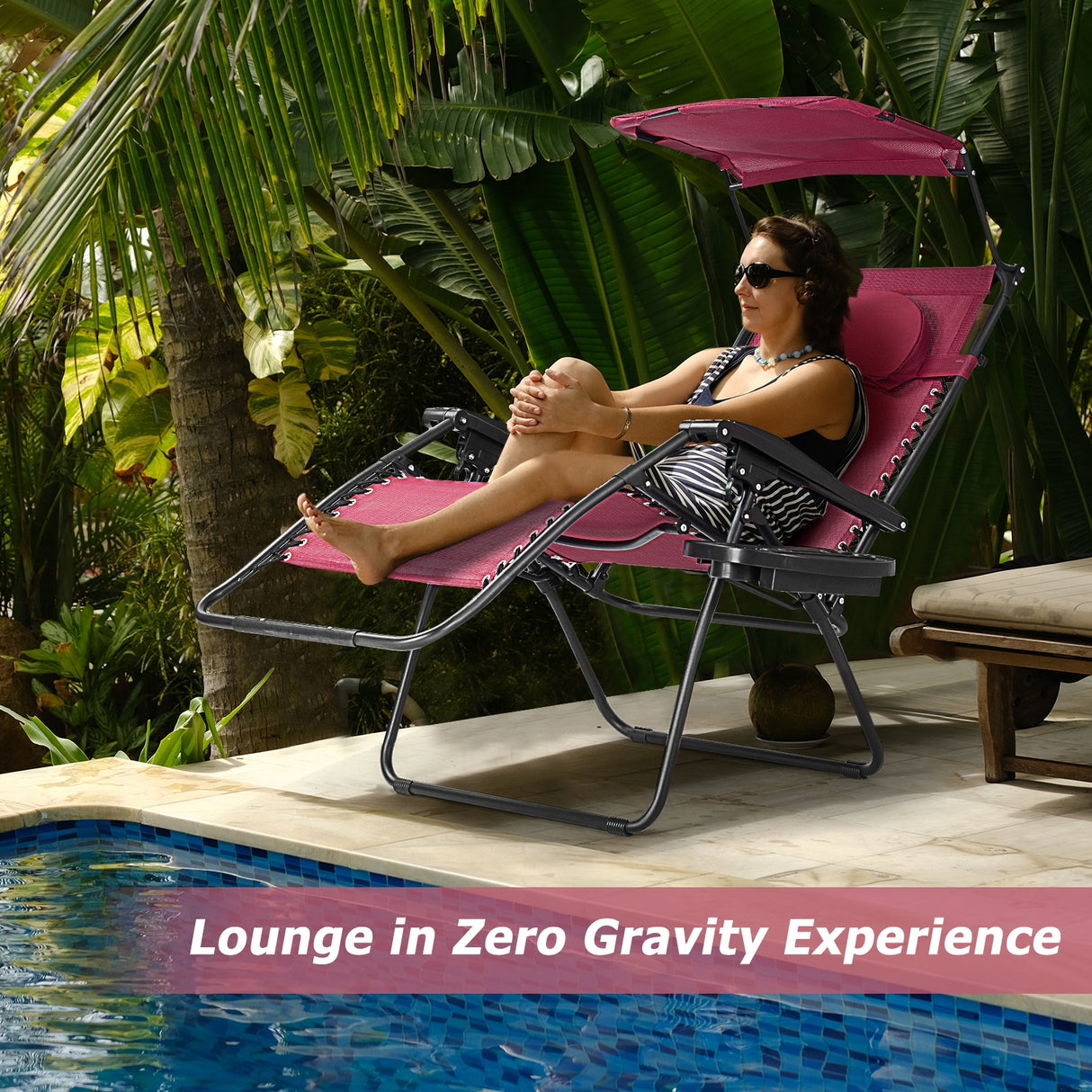 Folding Recliner Lounge Chair with Shade Canopy Cup Holder-Brown