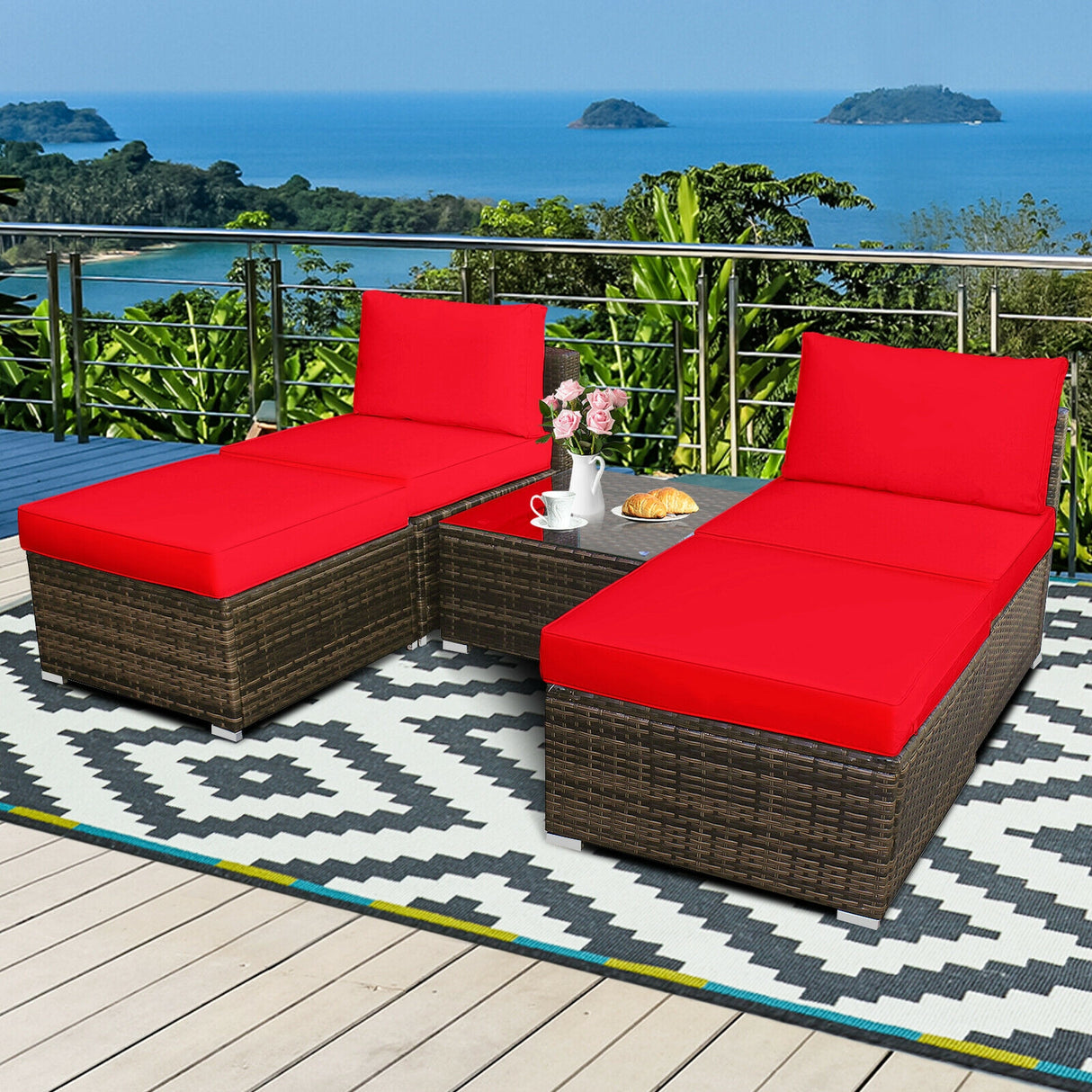 5 Pieces Patio Rattan Furniture Set with Cushioned Armless Sofa-White