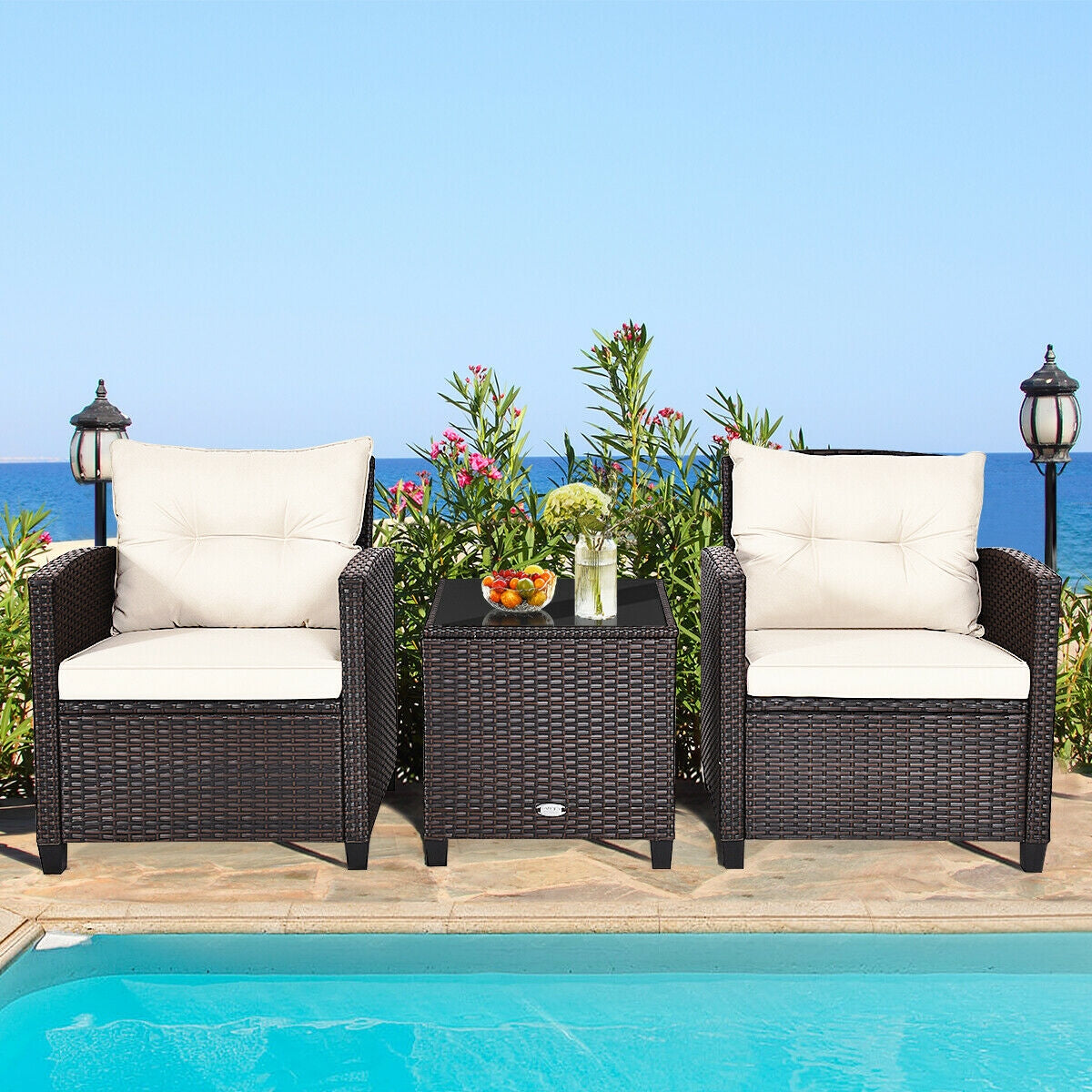 3 Pcs Patio Rattan Furniture Set Cushioned Conversation Set Coffee Table-Beige