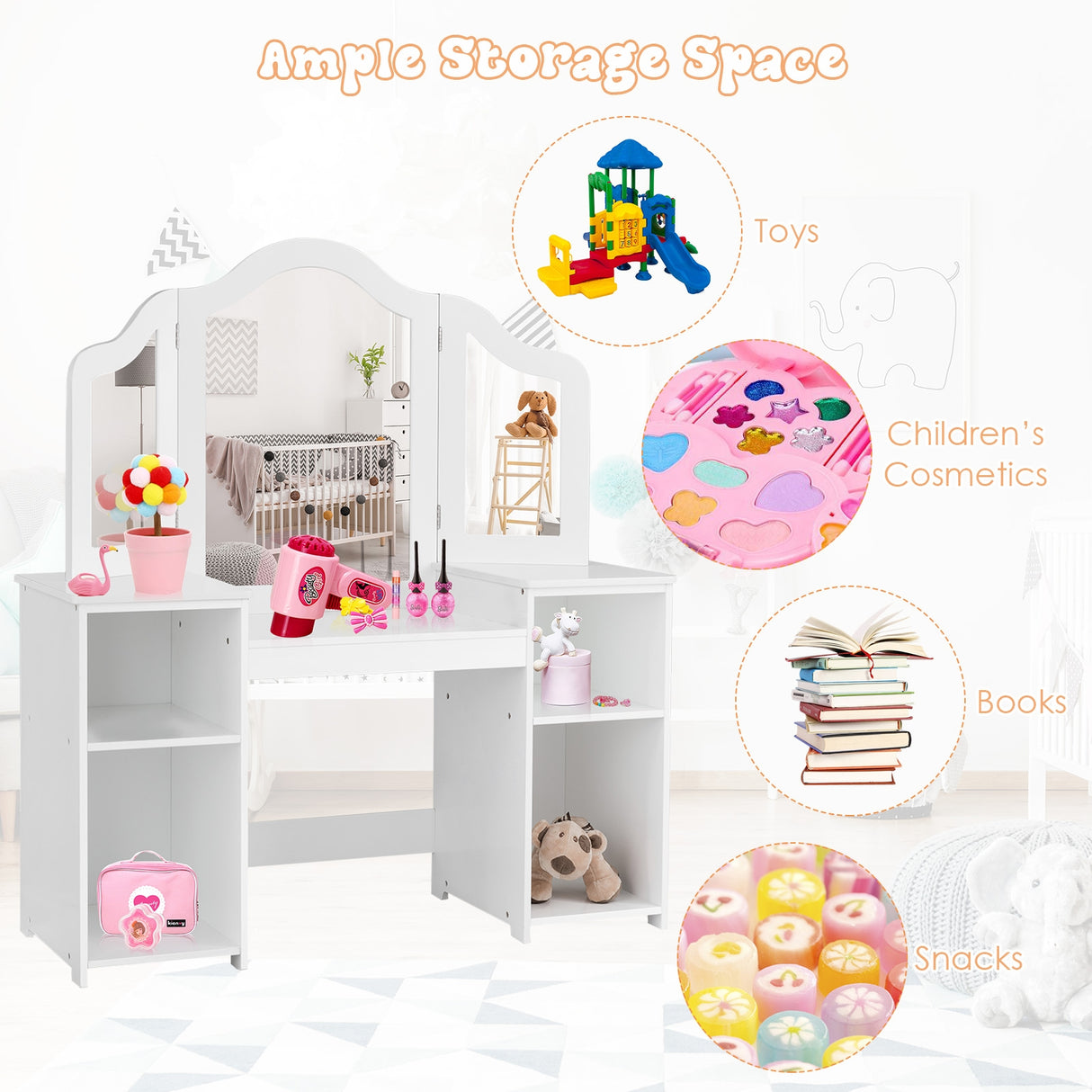 Kids Tri Folding Mirror Makeup Dressing Vanity Table Set-White