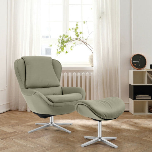 360°  Swivel Leather Lounge Chair with Ottoman and Aluminum Alloy Base-Gray