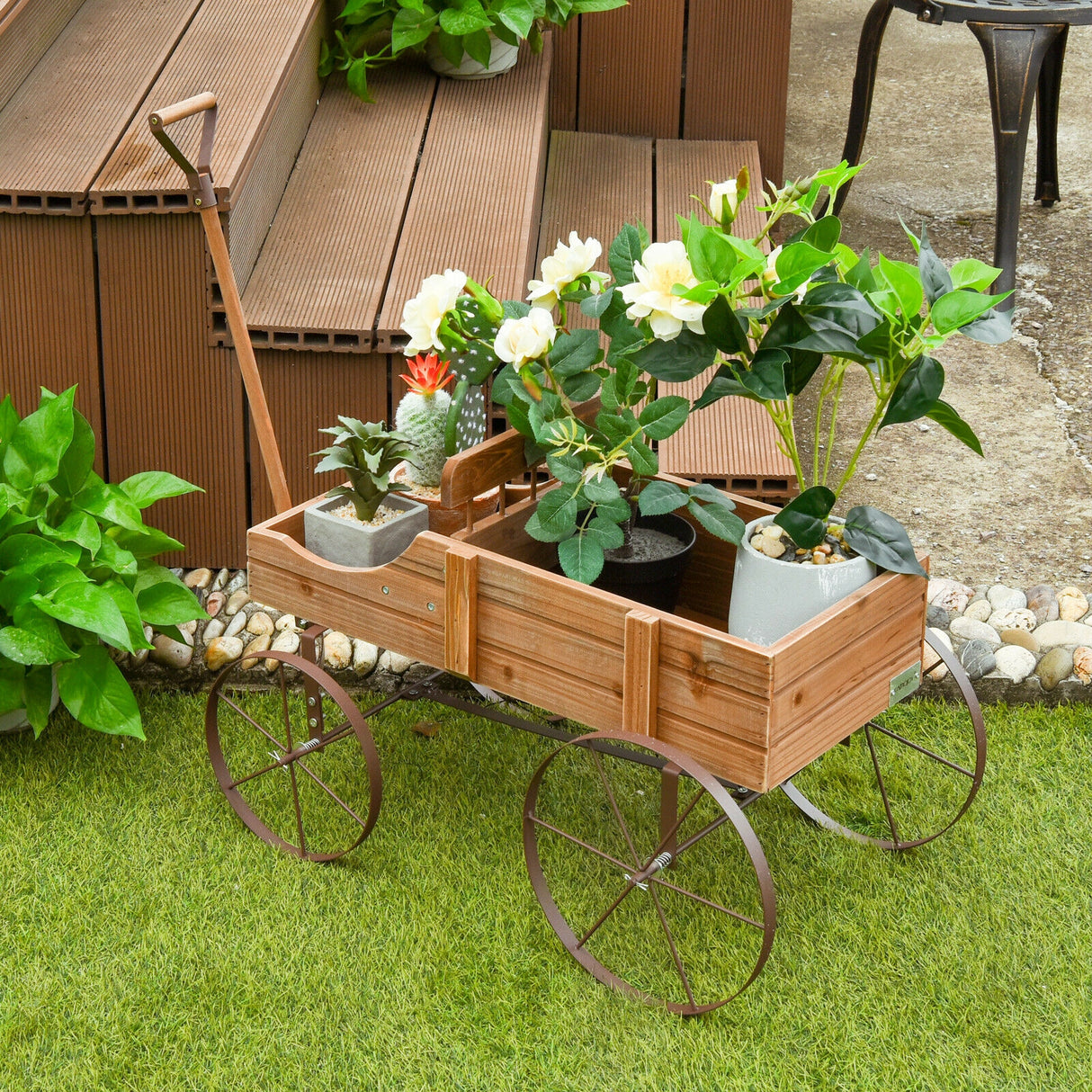 Wooden Wagon Plant Bed With Wheel for Garden Yard-Red