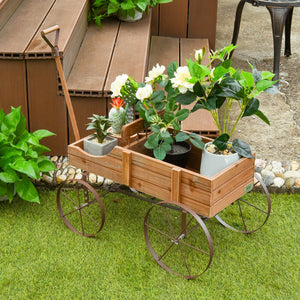 Wooden Wagon Plant Bed With Wheel for Garden Yard-Red