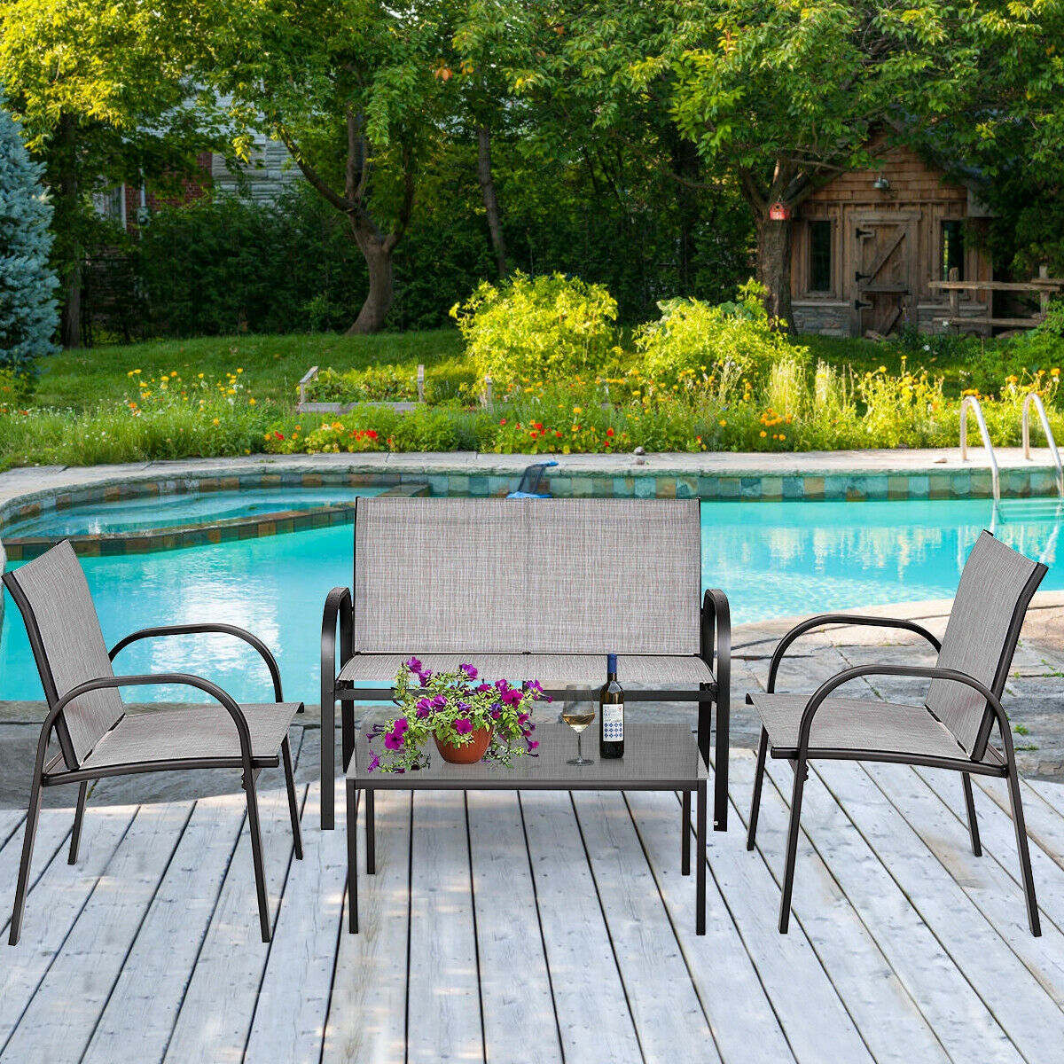 4 Pieces Patio Furniture Set with Glass Top Coffee Table-Black