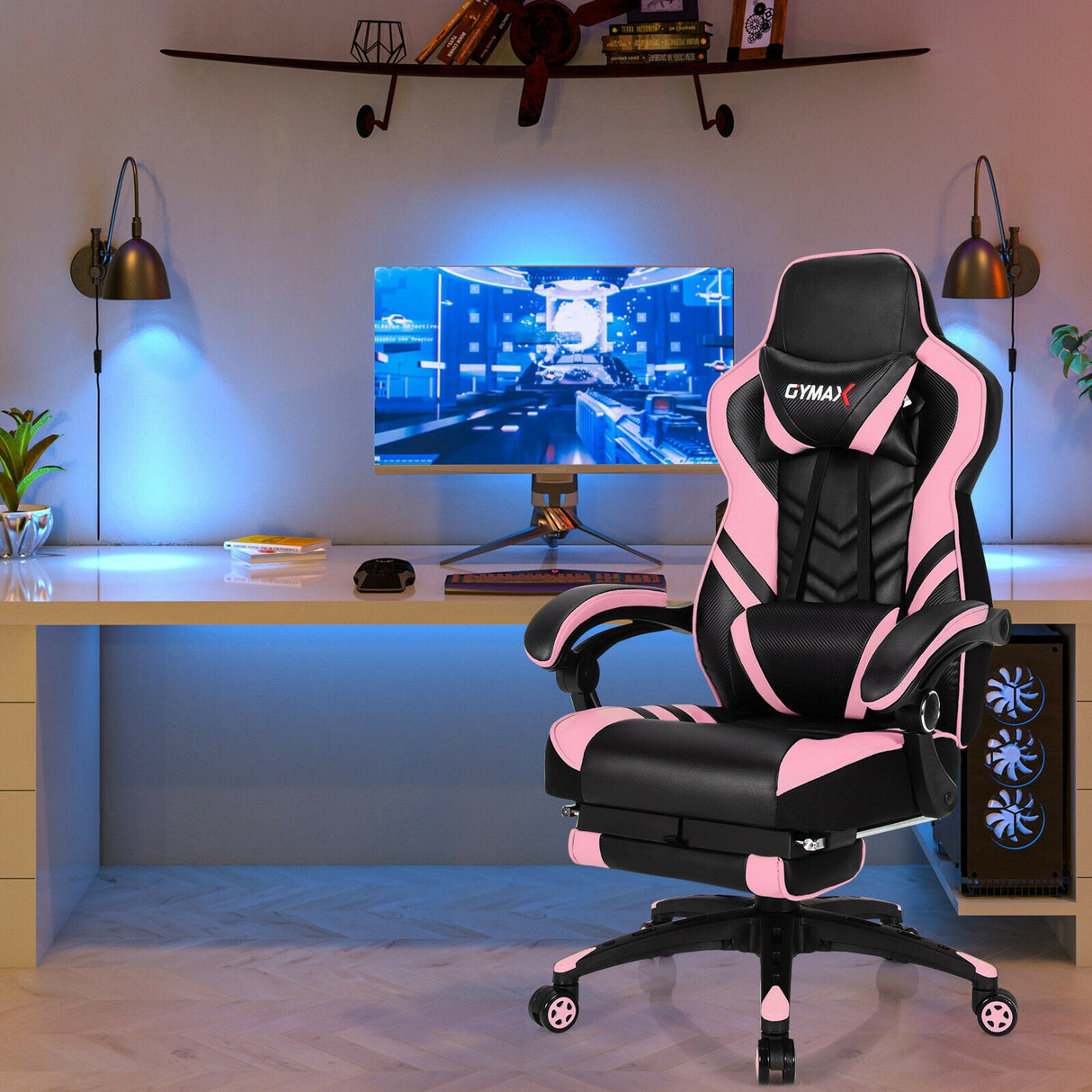 Adjustable Gaming Chair with Footrest for Home Office-Blue