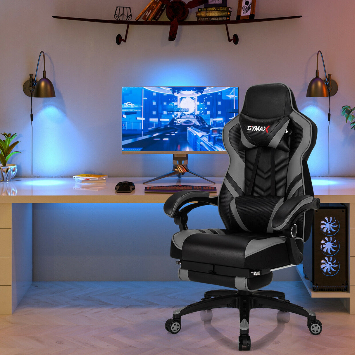 Adjustable Gaming Chair with Footrest for Home Office-Blue