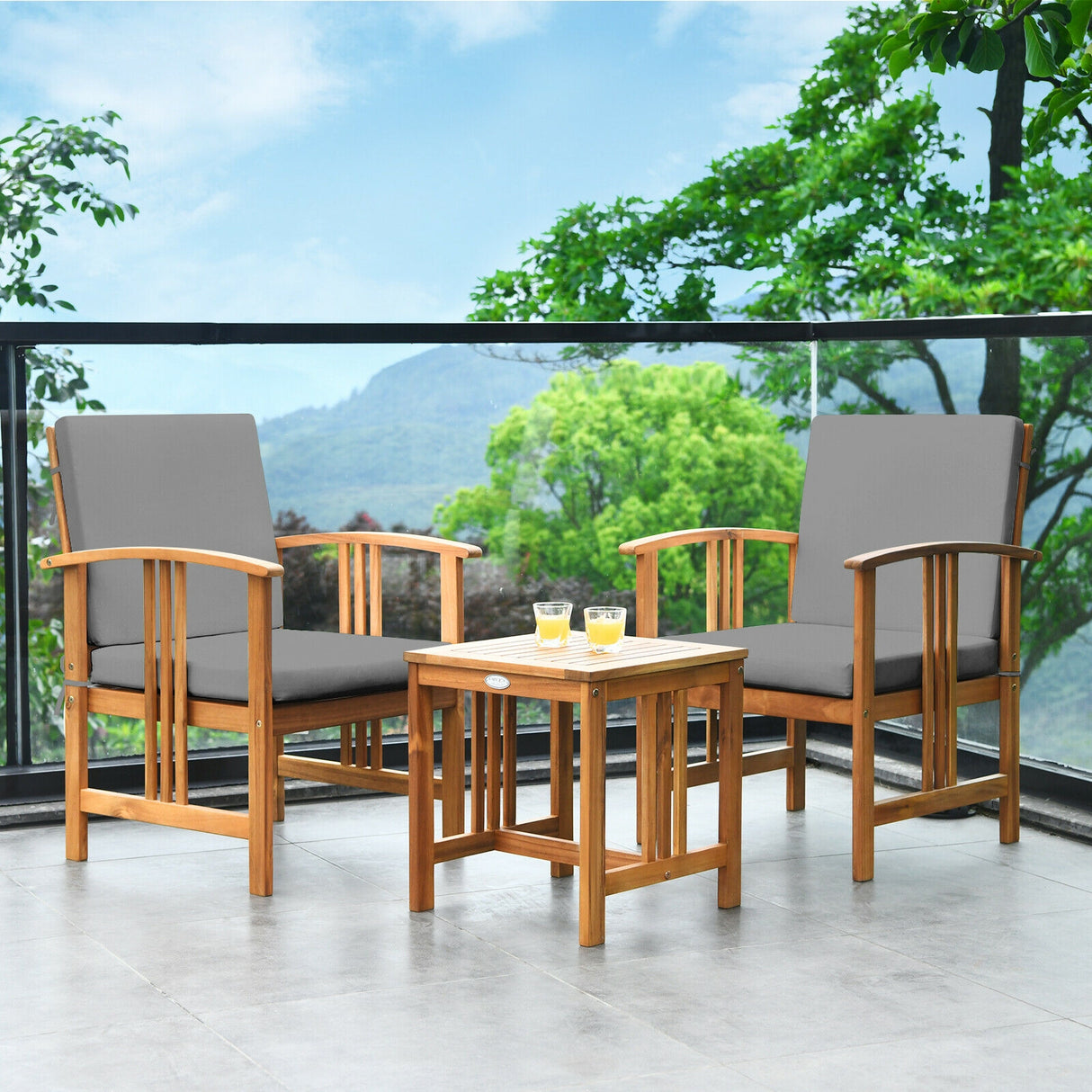 3PC Solid Wood Outdoor Patio Sofa Furniture Set-Gray