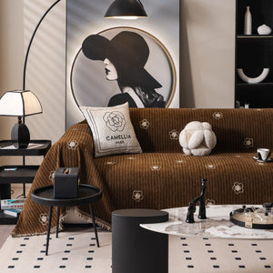 Chenille Camellia Floral Sofa Throw Cover Couch Blanket with Striped Jacquard