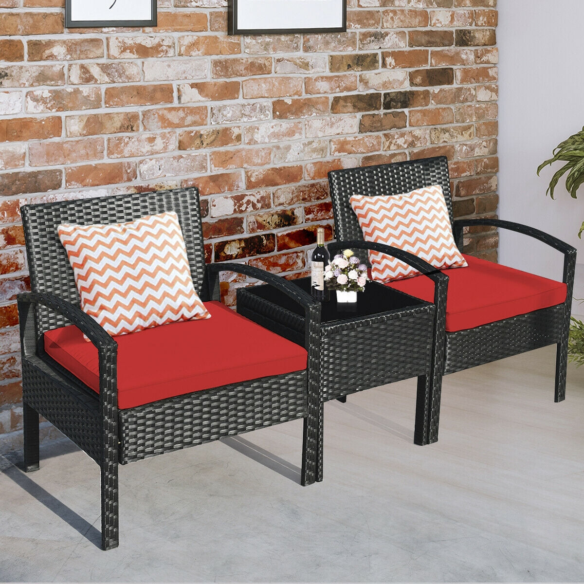 3 Pieces Outdoor Rattan Patio Conversation Set with Seat Cushions-White