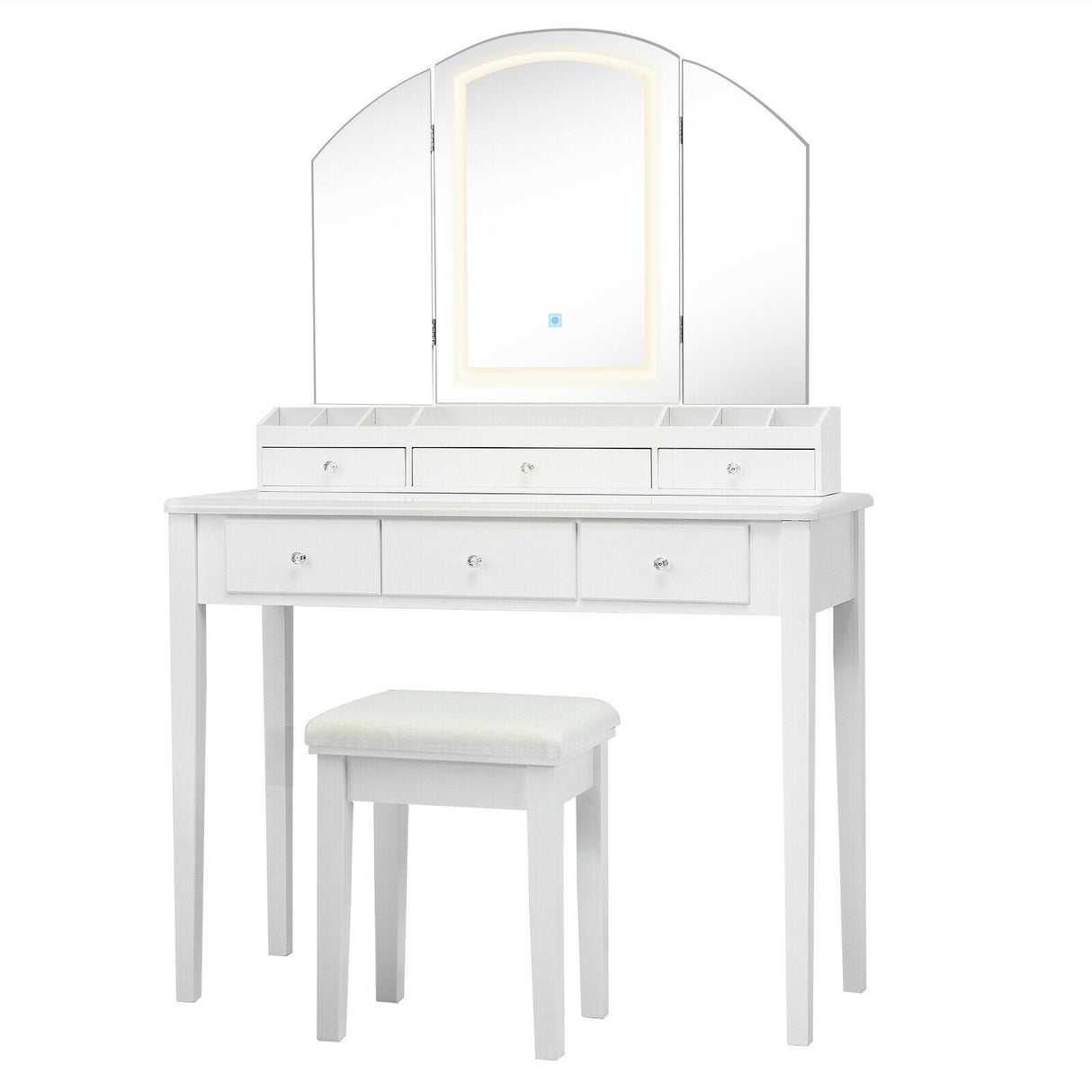 Vanity Table Stool Set with Large Tri-folding Lighted Mirror-Black