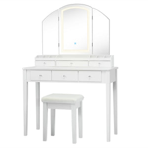 Vanity Table Stool Set with Large Tri-folding Lighted Mirror-Black