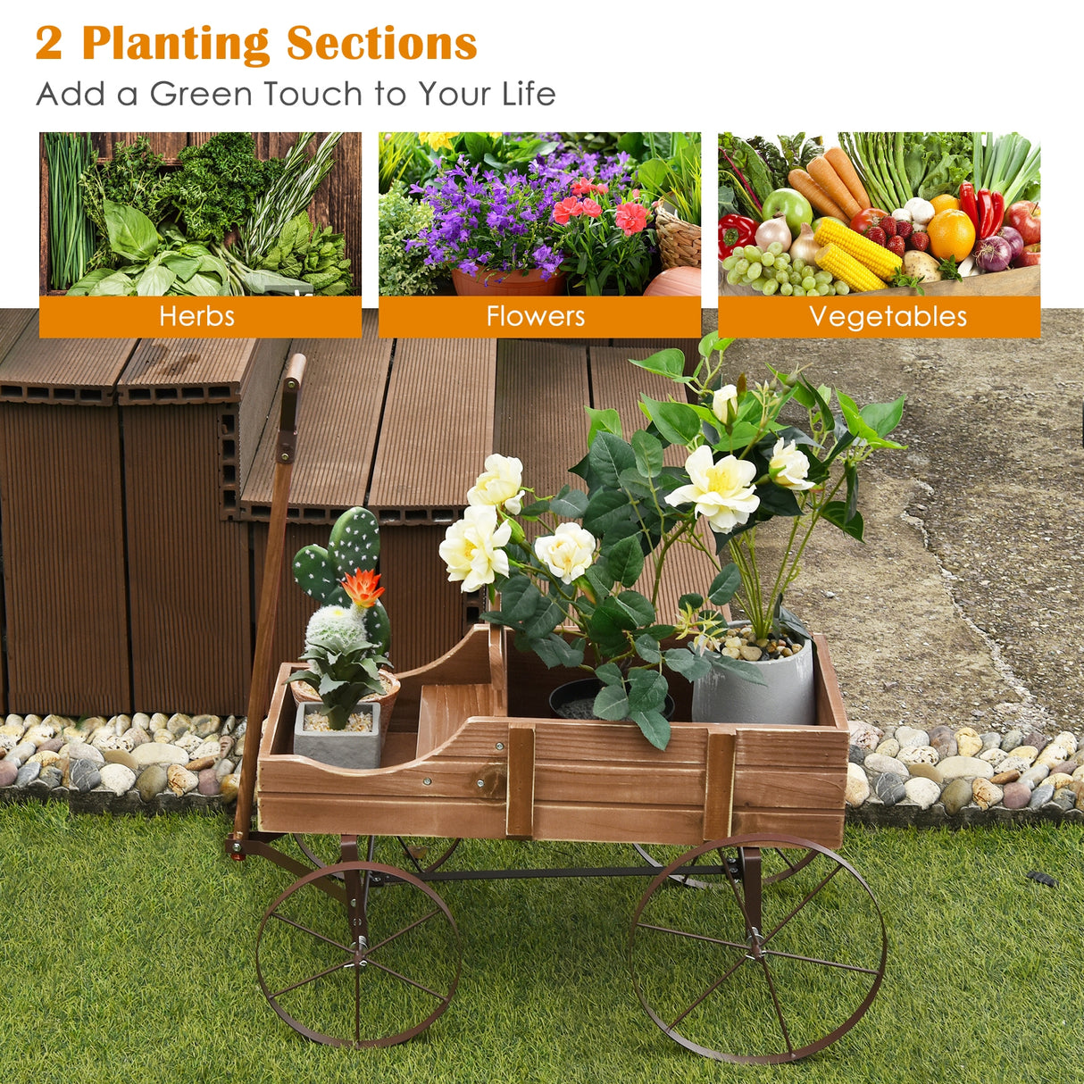 Wooden Wagon Plant Bed With Wheel for Garden Yard-Red