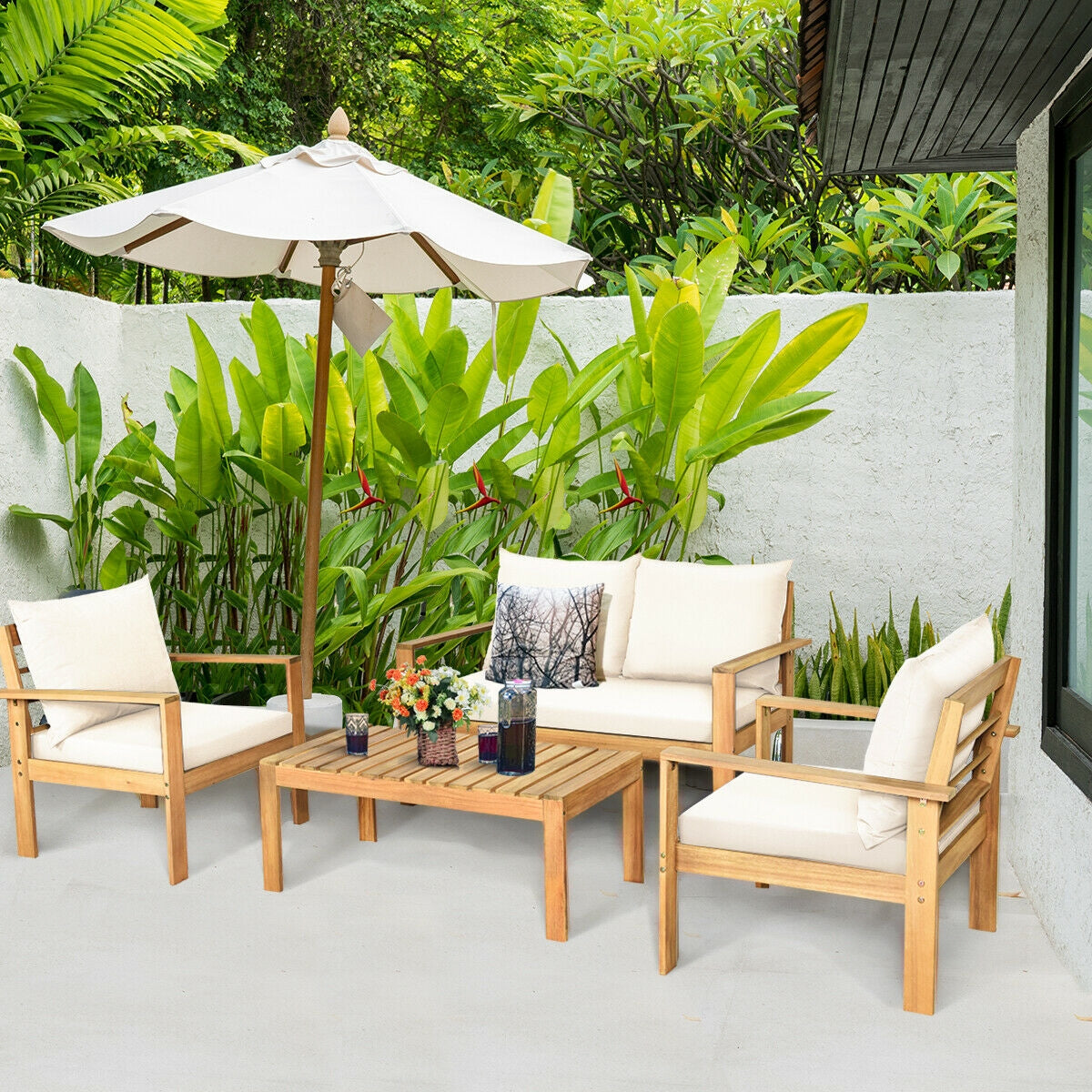 Outdoor 4 Pieces Acacia Wood Chat Set with Water Resistant Cushions-Gray