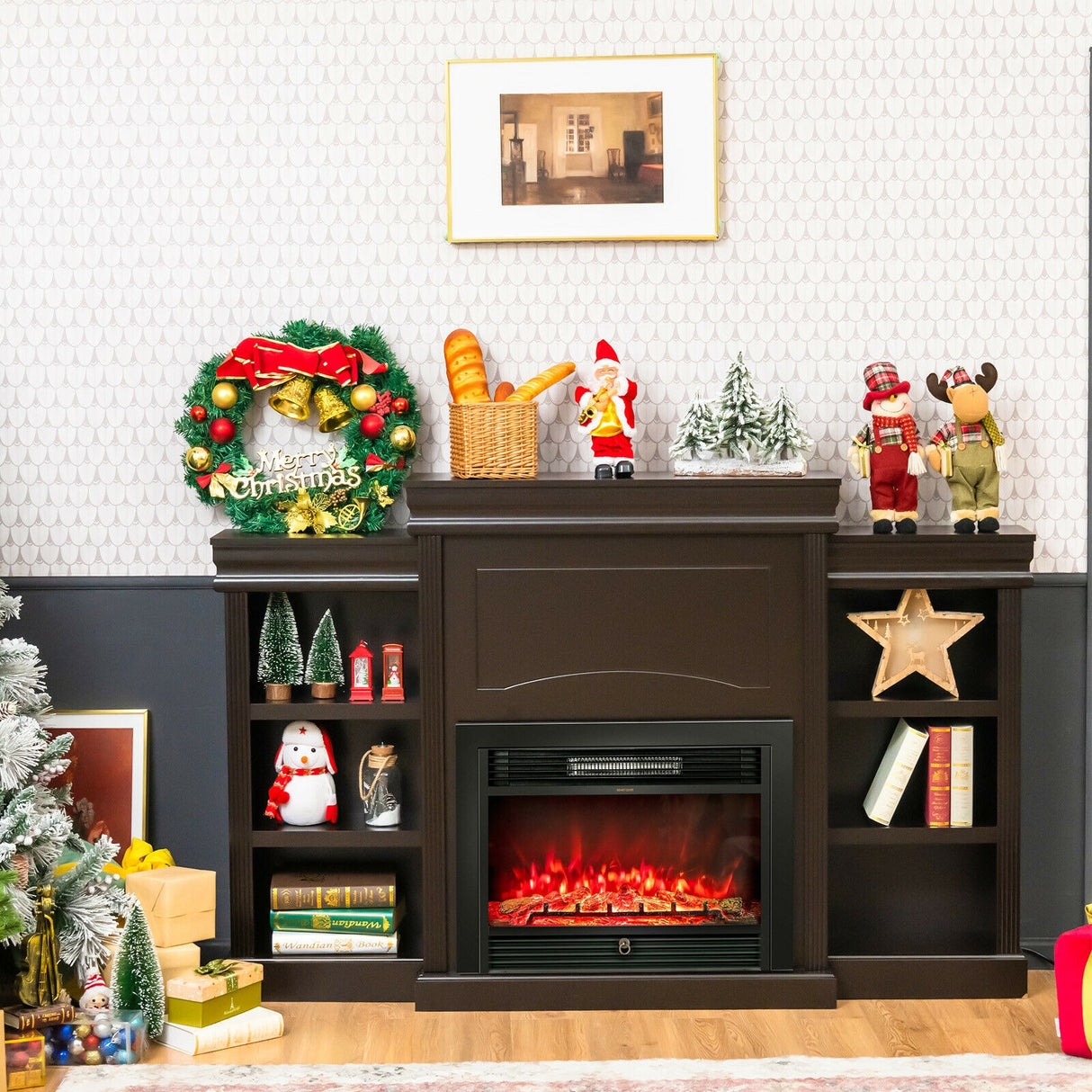 70 Inch Modern Fireplace Media Entertainment Center with Bookcase-Black
