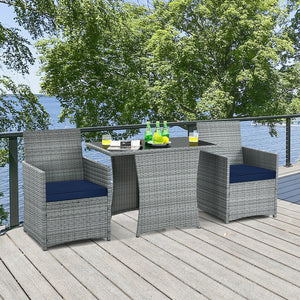 3 Pieces Patio Rattan Furniture Set with Cushioned Armrest Sofa-White
