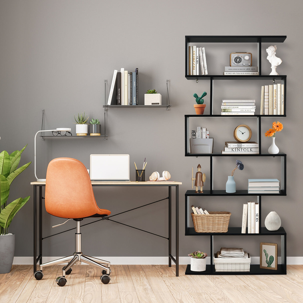 6 Tier S-Shaped Bookshelf Storage Display Bookcase Decor Z-Shelf -Black