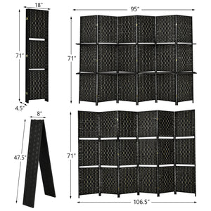 6 Panel Folding Weave Fiber Room Divider with 2 Display Shelves -Brown