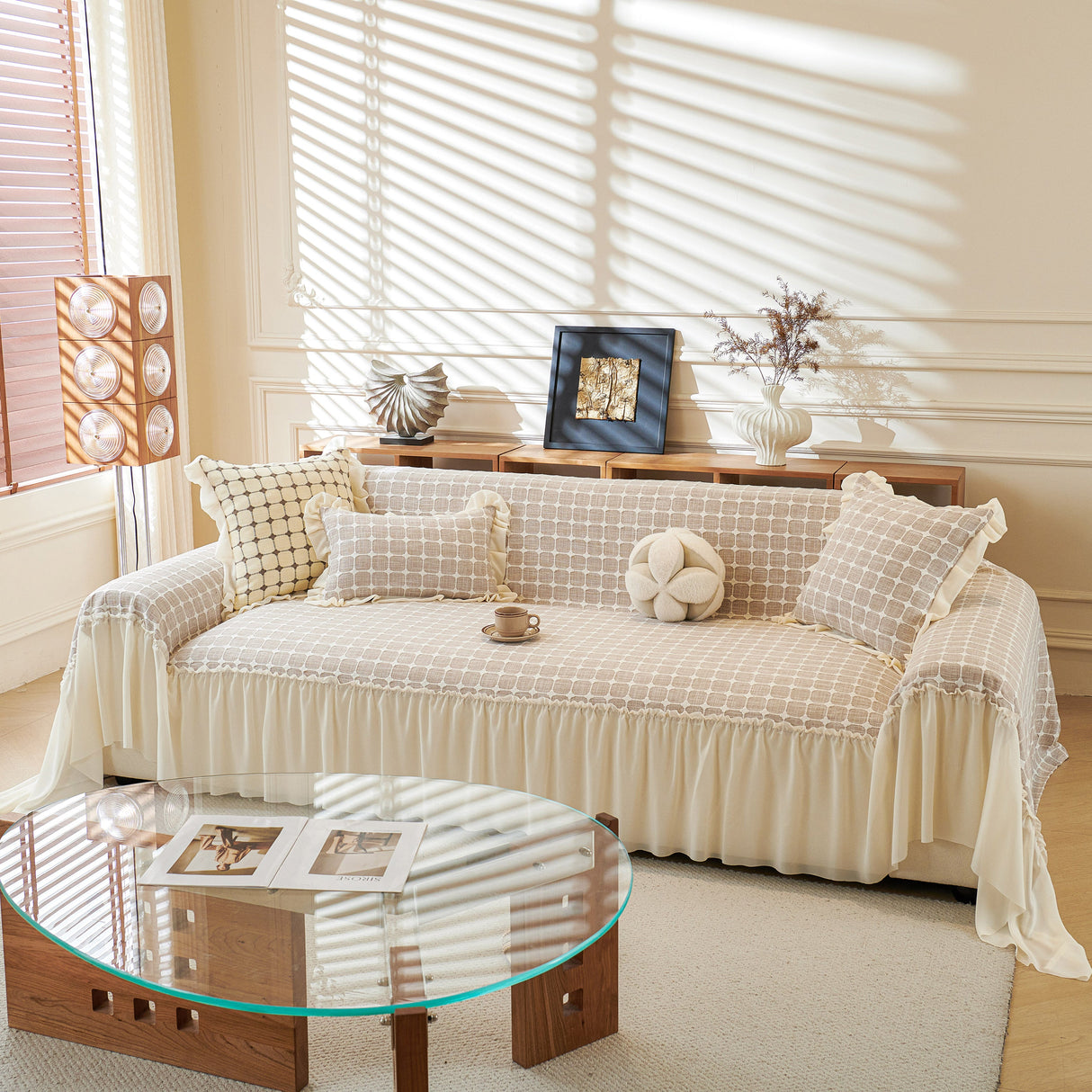Grid Textured Sofa Cover with Sheer Ruffle Skirt, Pet-Friendly Sofa Throw Slipcover