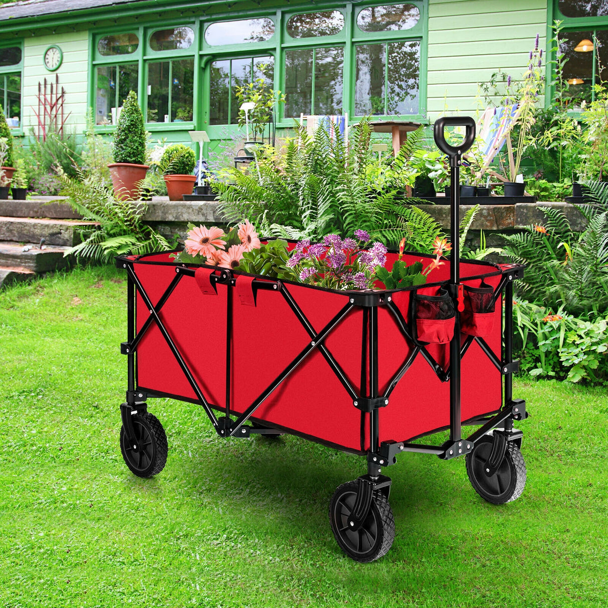Outdoor Folding Wagon Cart with Adjustable Handle and Universal Wheels-Gray