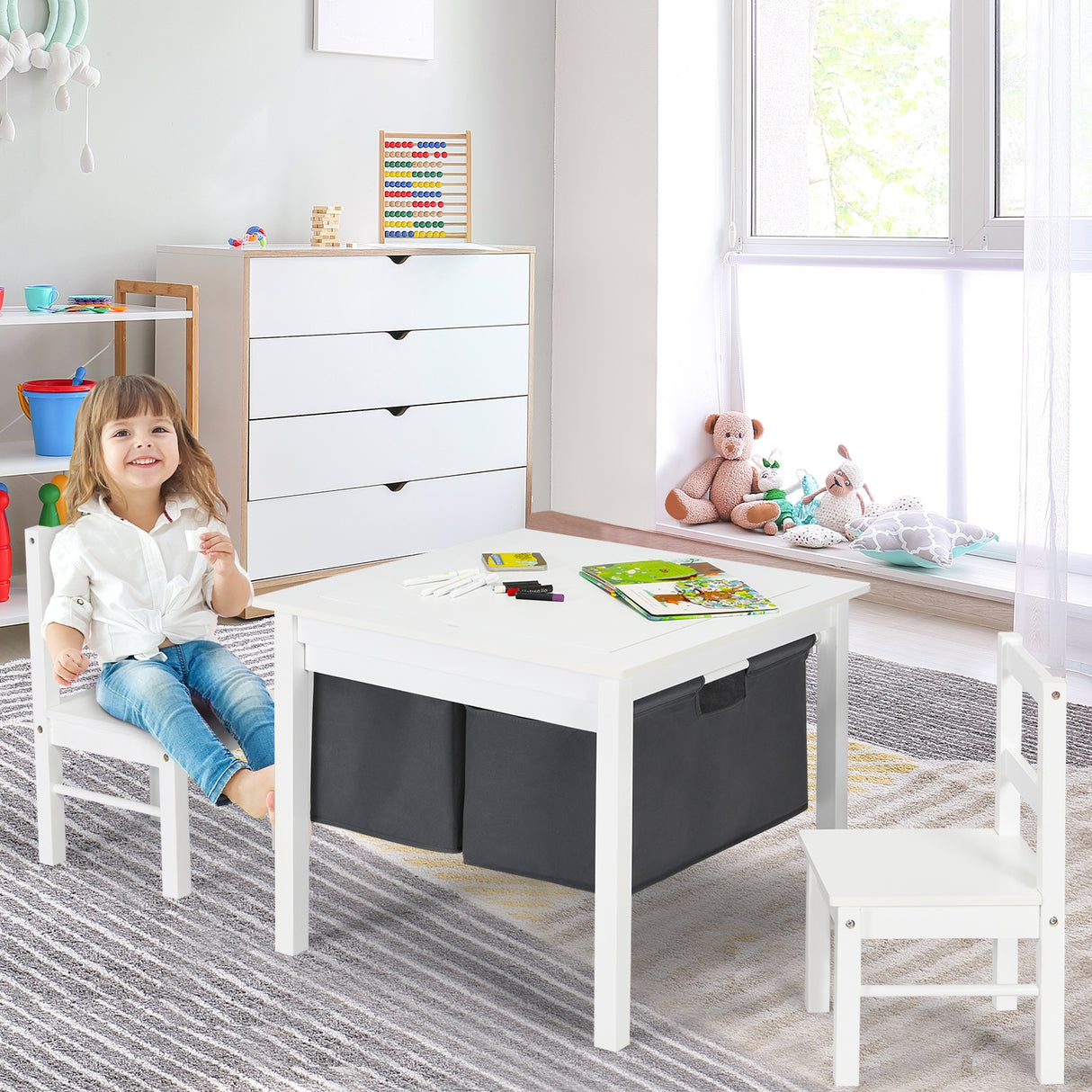 2-in-1 Kids Activity Table and 2 Chairs Set with Storage Building Block Table-Espresso