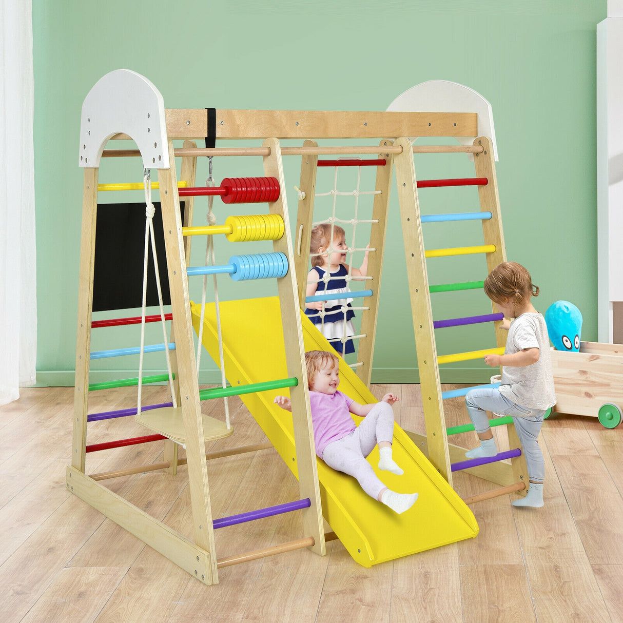 Indoor Playground Climbing Gym Wooden 8-in-1 Climber Playset for Children-Natural