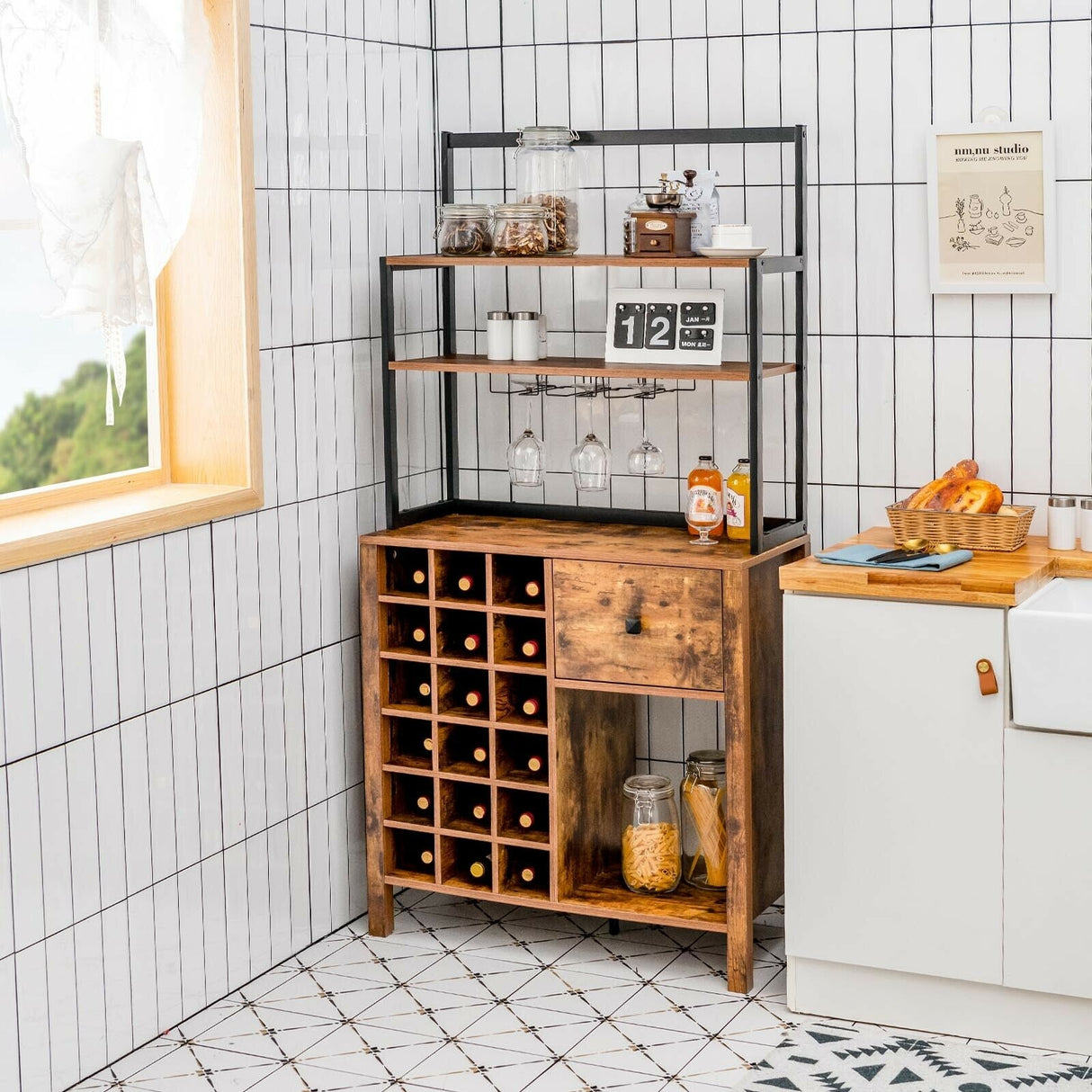 Kitchen Bakers Rack Freestanding Wine Rack Table with Glass Holder and Drawer-Black
