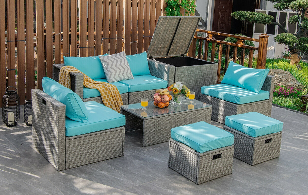 8 Pieces Patio Rattan Furniture Set with Storage Waterproof Cover and Cushion-Black