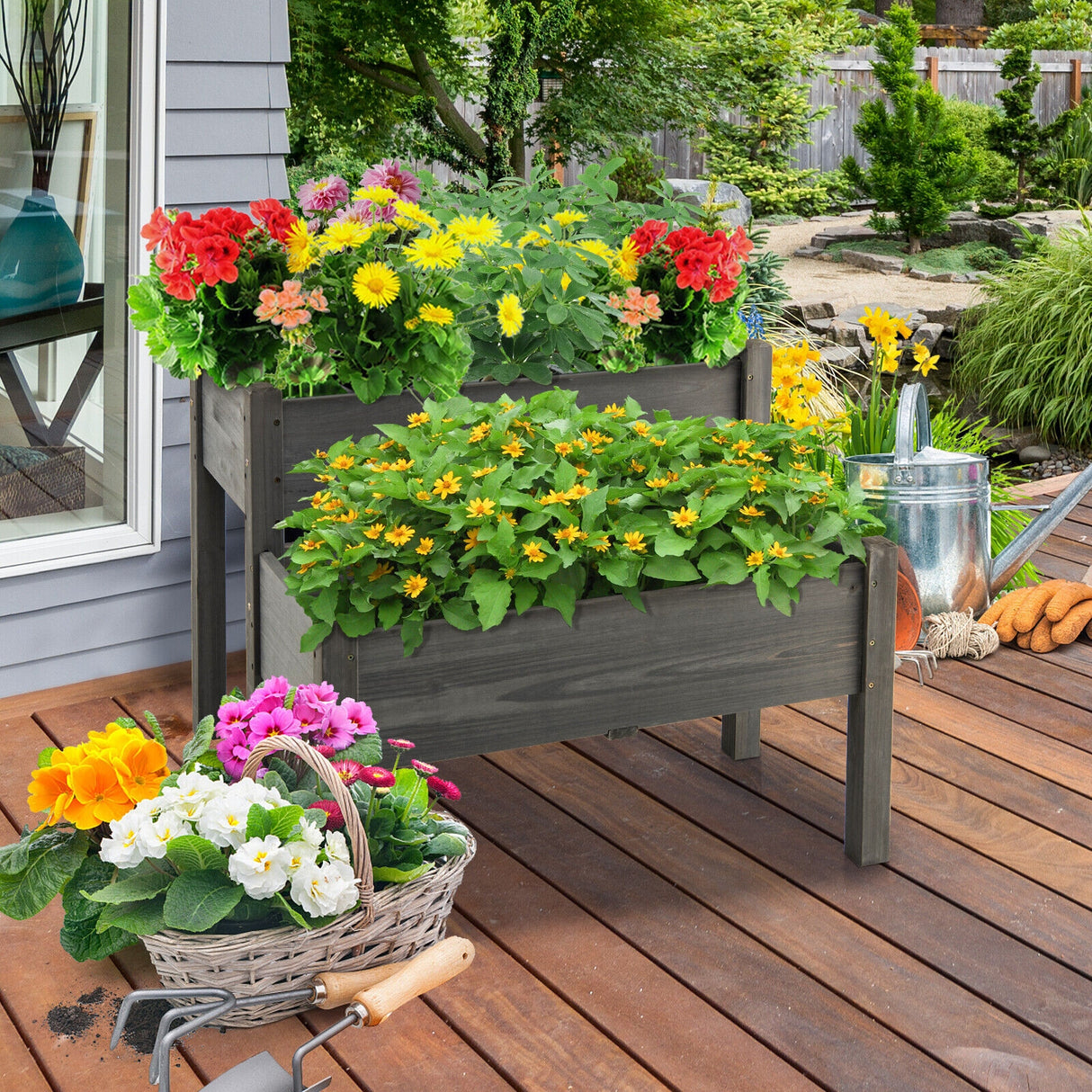 2 Tier Wooden Elevated Planter Box with Legs and Drain Holes for Balcony and Yard